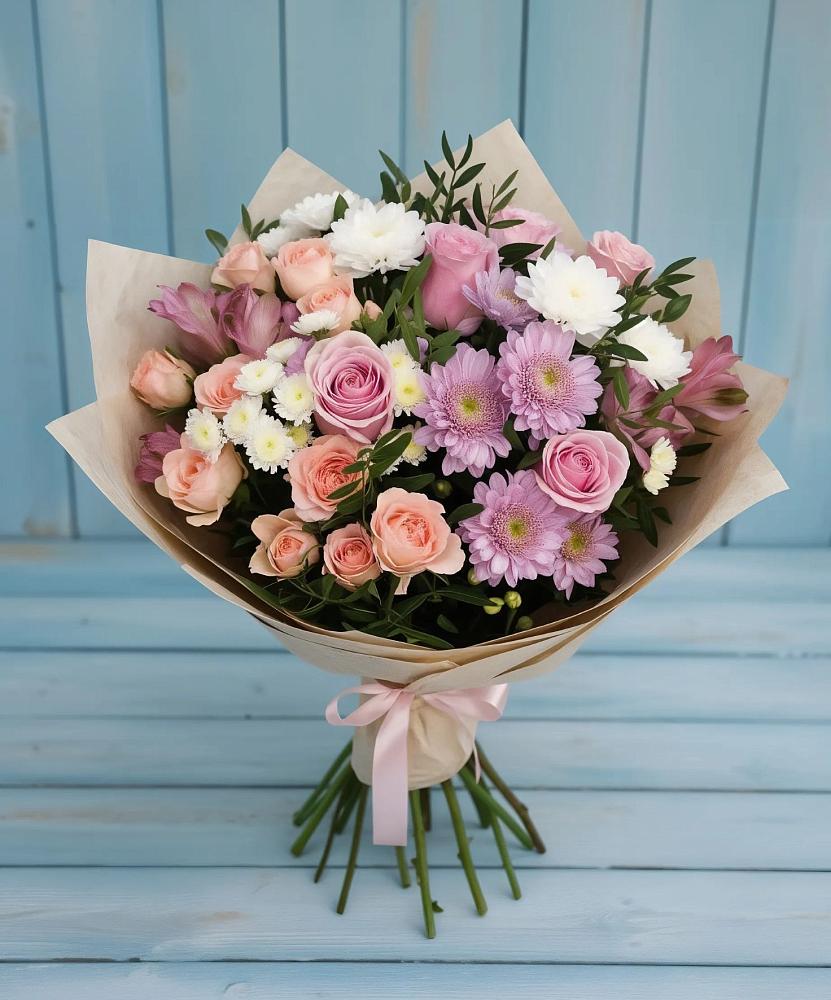 Букет цветов из: Хризантемы, Розы и Альстромерии в Пестово