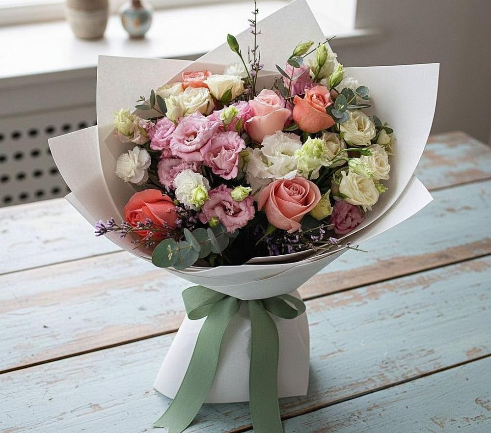 Букет цветов из: Розы, Лизиантусы и Гвоздики в Пестово