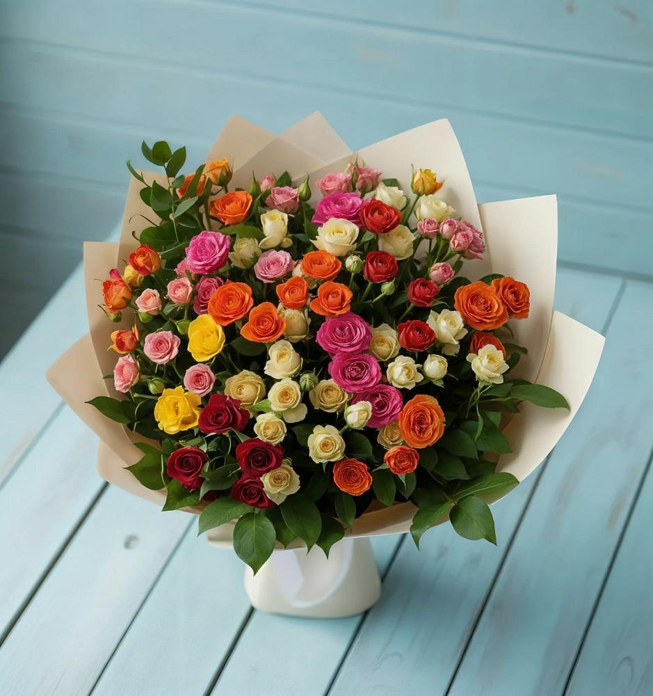 Букет Микс из разноцветных кустовых роз в Пестово