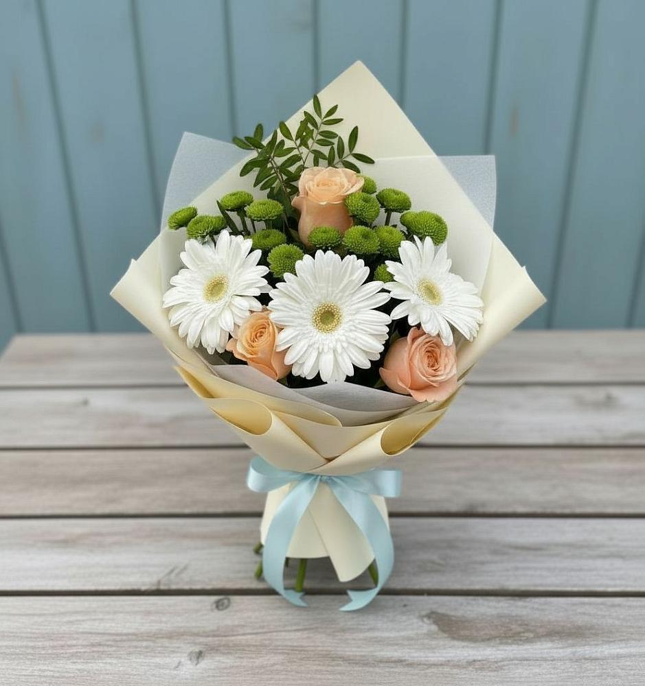 Букет цветов из: Герберы, Розы и Хризантемы в Пестово