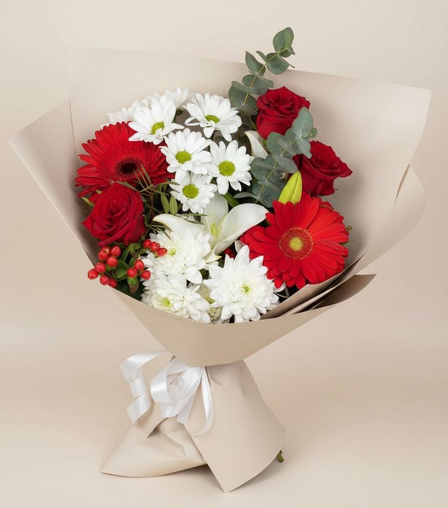 Букет цветов из: Розы, Хризантемы, Герберы и Лилии в Пестово