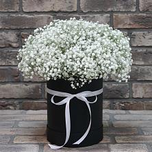 Цветочная композиция из Гипсофила в шляпной коробке в Пестово