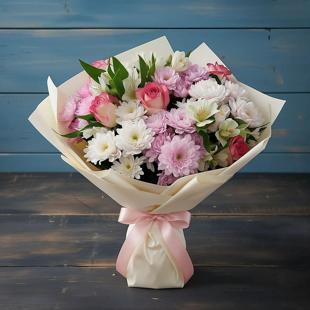 Букет цветов из: Хризантемы, Альстромерии и Розы в Пестово